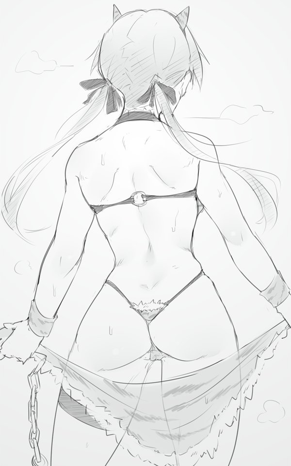 1girl ass bikini chain em_(totsuzen_no_hakike) from_behind g-string greyscale monochrome original sarong shoulder_blades sketch skindentation solo standing swimsuit thong twintails