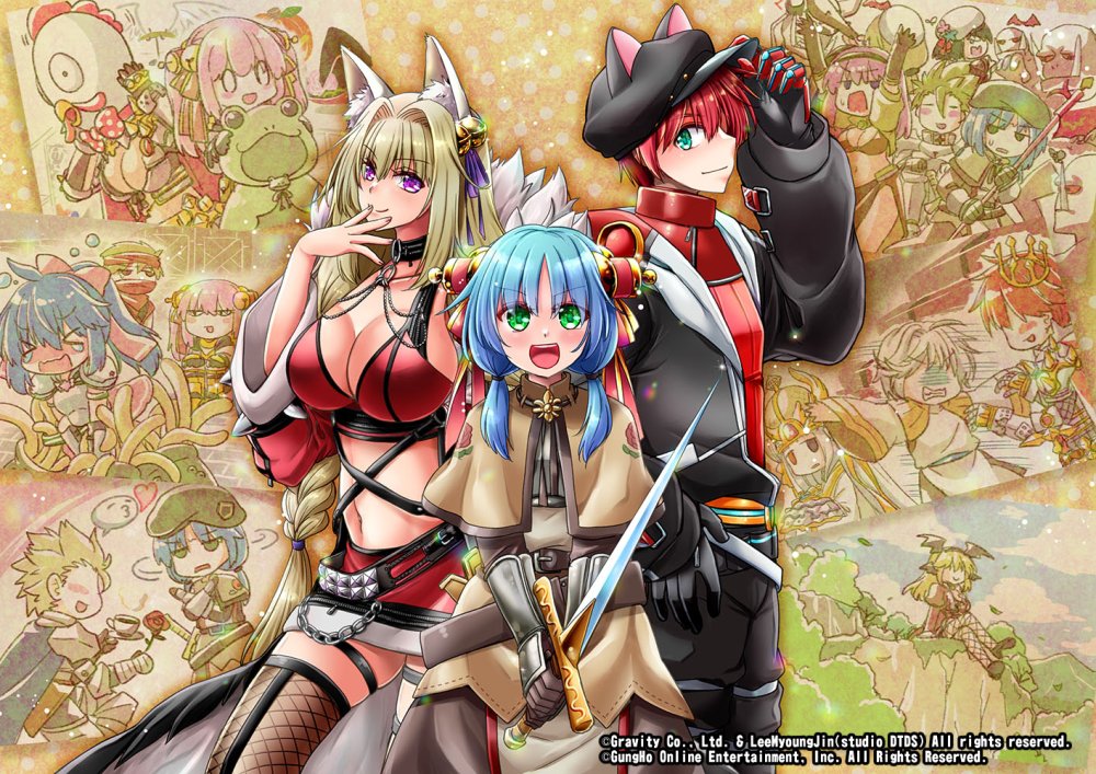 &gt;_&lt; 6+boys 6+girls animal_ear_fluff animal_ear_headphones animal_ears animal_hood armor armored_boots bald bangs bell beret bikini bikini_armor bikini_top_only black_gloves black_headwear black_jumpsuit black_thighhighs black_wings blonde_hair blue_cape blush boots breastplate breasts brown_bikini brown_capelet brown_dress brown_skirt cape capelet chainmail chest_guard chicken_mask cleavage closed_mouth coffee commentary_request cowboy_shot crop_top crown cup dark_lord_(ragnarok_online) detached_sleeves drainliar dress fake_animal_ears fishnet_thighhighs fishnets floral_print flower fox_ears frog_hood fur-trimmed_skirt fur_trim gauntlets gem gloves green_eyes hair_bell hair_intakes hair_ornament hair_stick hat head_wings headphones heart heterochromia holding holding_sword holding_weapon hood jingle_bell jumpsuit large_breasts long_hair looking_at_viewer lord_knight_(ragnarok_online) mage_(ragnarok_online) mechanic_(ragnarok_online) merchant_(ragnarok_online) midriff multiple_boys multiple_girls navel official_alternate_costume open_mouth paladin_(ragnarok_online) pauldrons penomena pink_hair pope's_brother_(ragnarok_online) pope_(ragnarok_online) purple_eyes ragnarok_online red_eyes red_gemstone red_hair red_scarf red_shirt red_skirt red_sleeves red_sports_bra rejection rose rose_print rune_knight_(ragnarok_online) scarf shadow_chaser_(ragnarok_online) shirt short_hair shoulder_armor sitting skirt smile spica_parfait spiked_pauldrons sports_bra swimsuit sword swordsman_(ragnarok_online) takaba_momo tam_(ragnarok_online) teacup thighhighs weapon white_hair white_headwear wings