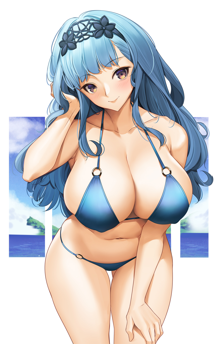 1girl bangs bare_shoulders bikini blue_bikini blue_hair blush breasts brown_eyes cleavage collarbone fire_emblem fire_emblem:_three_houses hairband highres large_breasts long_hair looking_at_viewer marianne_von_edmund navel sidelocks smile solo swimsuit thighs tony_guisado