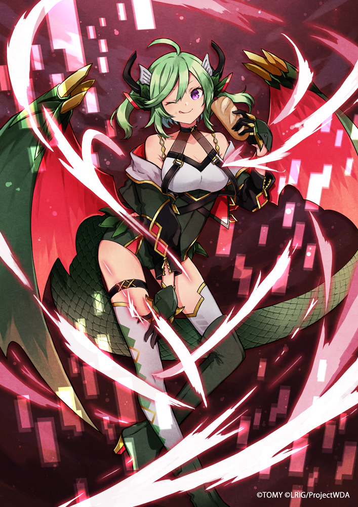 1girl ;q ahoge ankle_boots asymmetrical_footwear black_gloves boots bread breasts buzz cleavage copyright cropped_jacket digital_dissolve dragon_tail dragon_wings food food_on_face full_body gloves green_footwear green_hair green_jacket green_leotard grey_thighhighs hair_between_eyes half_gloves halterneck hand_guard high_heel_boots high_heels holding holding_food horns jacket leotard looking_at_viewer off_shoulder official_art one_eye_closed red_background scales solo tail thigh_boots thigh_strap thighhighs tongue tongue_out twintails wings wixoss