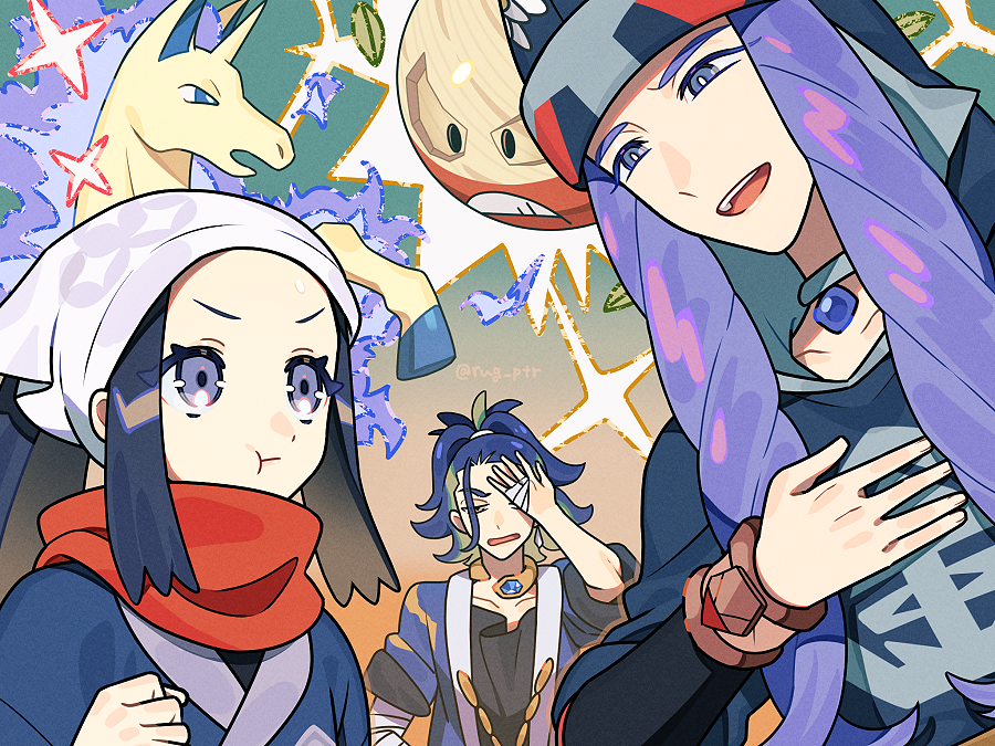 1girl 2boys :t adaman_(pokemon) akari_(pokemon) alternate_color black_hair bracelet clenched_hand closed_mouth commentary_request diamond_clan_outfit eyelashes frown grey_eyes hand_up head_scarf hisuian_electrode jacket jewelry long_hair melli_(pokemon) multiple_boys open_mouth pokemon pokemon_(creature) pokemon_(game) pokemon_legends:_arceus pout purple_hair puteru rapidash scarf shiny_pokemon sidelocks teeth upper_teeth_only white_headwear