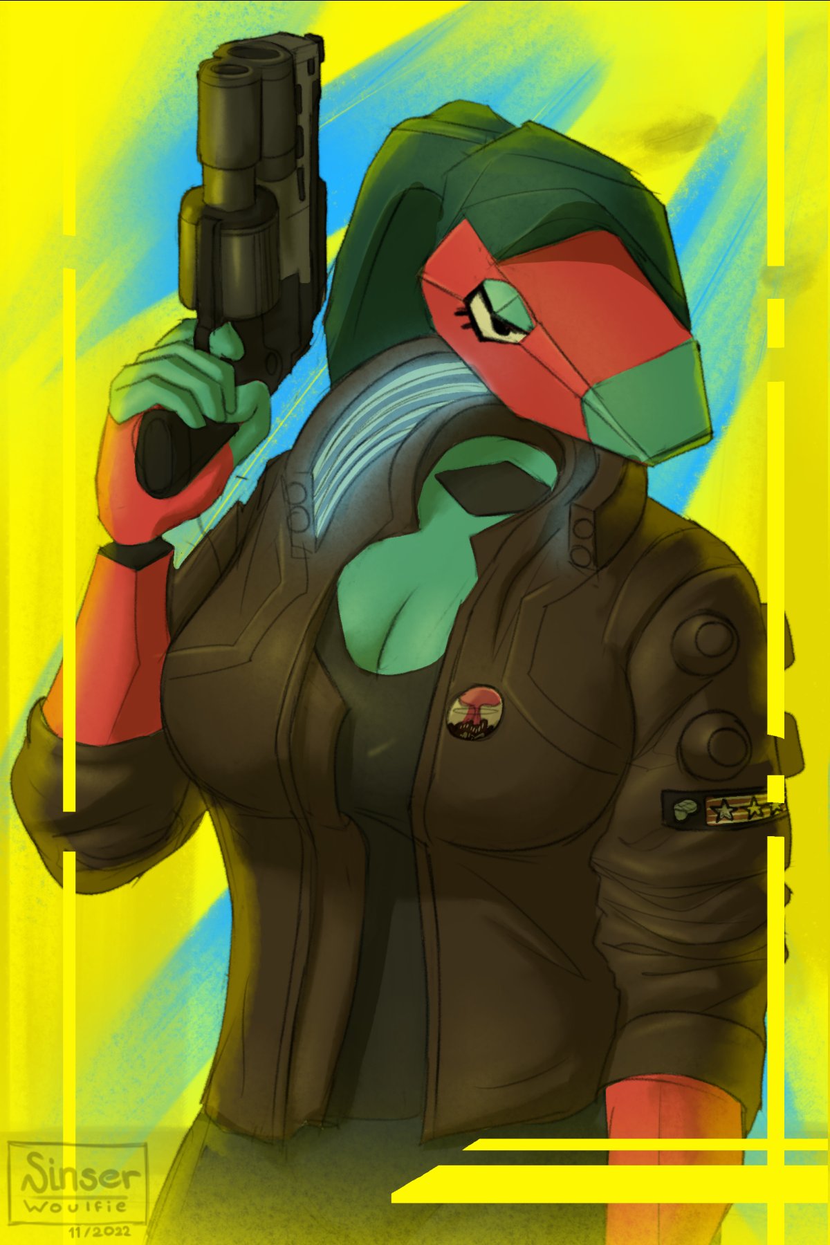 abstract_background anthro badge clothed clothing cyberpunk cyberpunk_2077 cyberpunk_clothes digital_drawing_(artwork) digital_media_(artwork) female generation_1_pokemon gun hair half_body hi_res long_hair looking_away nintendo pokemon pokemon_(species) porygon ranged_weapon science_fiction simple_background sinser solo standing weapon yellow_background