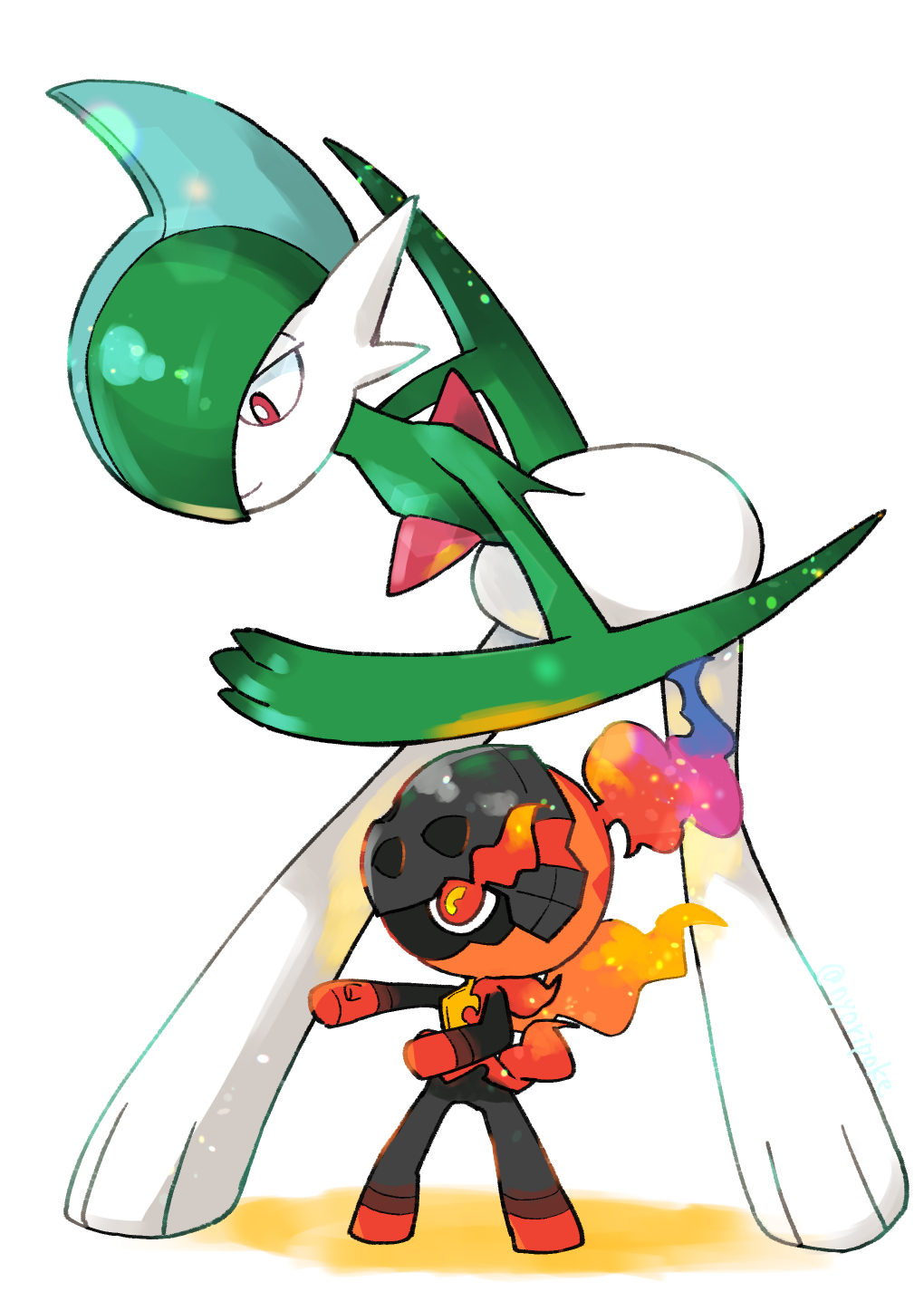 bent_over bright_pupils charcadet closed_mouth commentary_request eye_trail flaming_eyes gallade highres light_trail no_humans nyoripoke pokemon pokemon_(creature) red_eyes smile standing white_background white_pupils