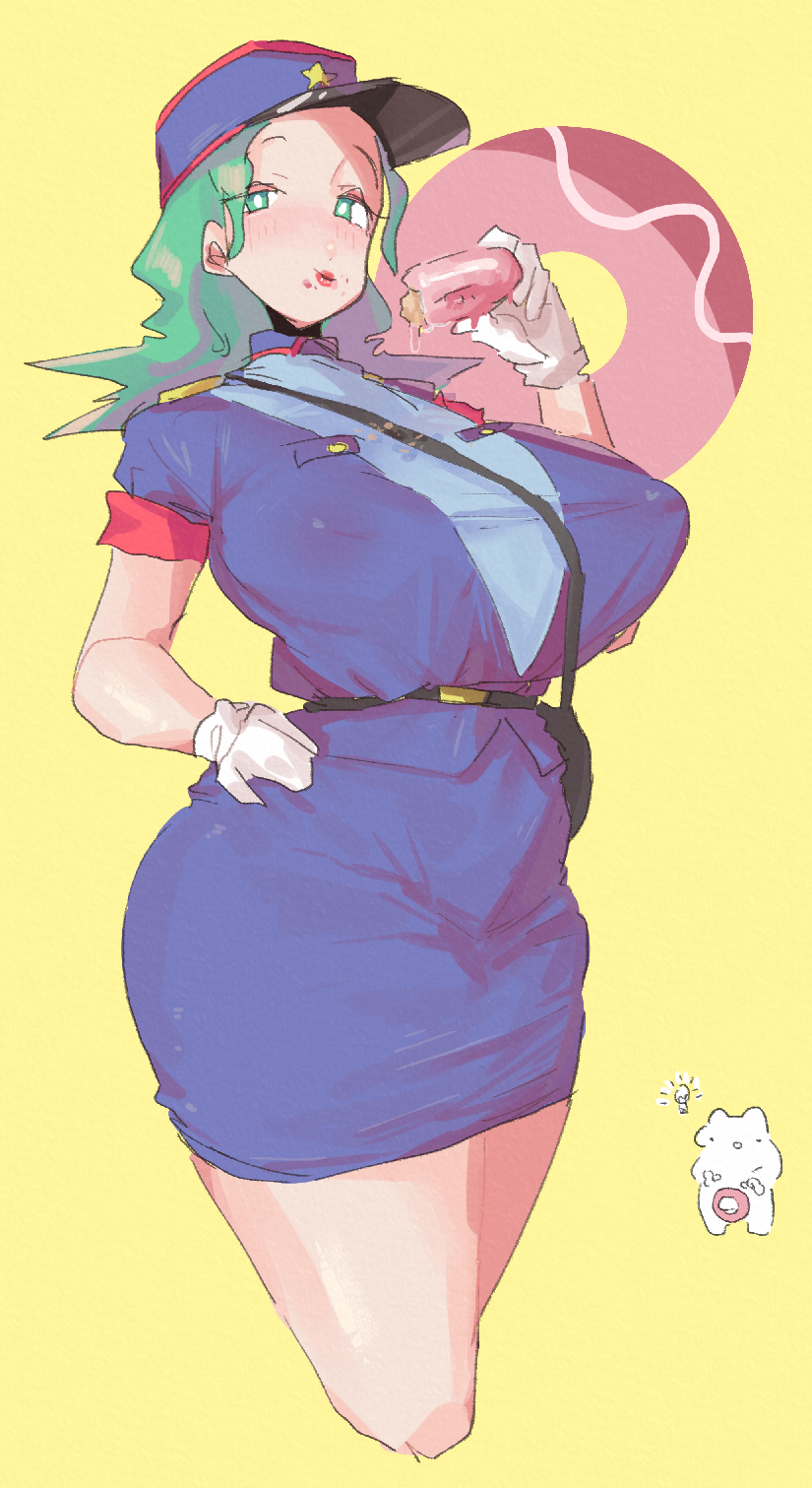 1girl artist_self-insert blue_shirt blue_skirt breasts covered_nipples doughnut eating food gloves green_eyes green_hair hand_on_hip hat highres jenny_(pokemon) large_breasts leebo_(leeboxxx) looking_at_viewer medium_hair pokemon pokemon_(anime) pokemon_(classic_anime) police police_hat police_uniform policewoman shirt simple_background skirt solo thick_thighs thighs uniform white_gloves yellow_background