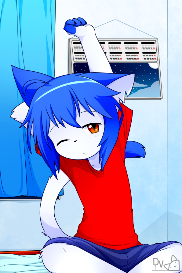 2017 4_fingers ahoge amber_eyes anthro arm_above_head artist_logo bed bedding bedroom black_claws black_nose blue_body blue_bottomwear blue_clothing blue_curtains blue_ears blue_fur blue_hair blue_shorts blue_tail blush blush_lines bottomwear calendar claws clothed clothing crossed_legs curtains detailed_background devil-vox devy_(devil-vox) digital_drawing_(artwork) digital_media_(artwork) domestic_cat felid feline felis finger_claws fingers fur furniture hair inside kemono logo lotus_pose male mammal monotone_ears monotone_hair multicolored_body multicolored_fur notched_ear one_eye_closed raised_tail red_clothing red_shirt red_t-shirt red_topwear shirt shorts signature sitting solo stretching t-shirt tail topwear two_tone_body two_tone_fur two_tone_tail white_body white_fur white_tail window young