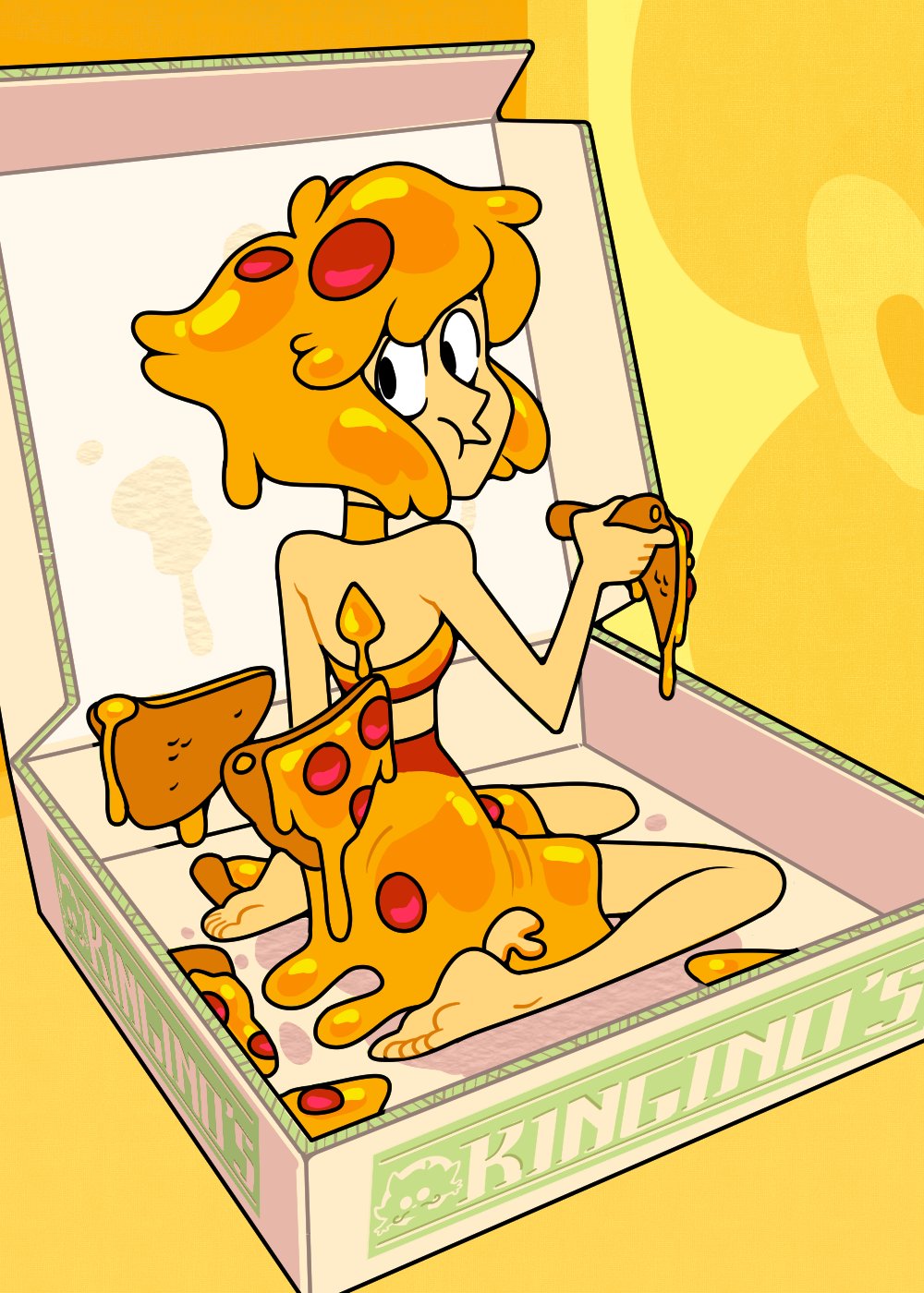 2023 barefoot black_eyes blonde_hair bottomwear box cardboard cardboard_box cartoon_network cheese chewing clothing container dairy_products discount-supervillain eating eating_food eating_pizza feet female food food_creature food_humanoid full-length_portrait gem_(species) hair hi_res humanoid lapis_lazuli_(steven_universe) looking_back midriff pepperoni pepperoni_pizza pizza pizza_box pizza_slice portrait pseudo_hair rear_view short_hair simple_background sitting skirt solo stain steven_universe wings yellow_background yellow_body yellow_skin