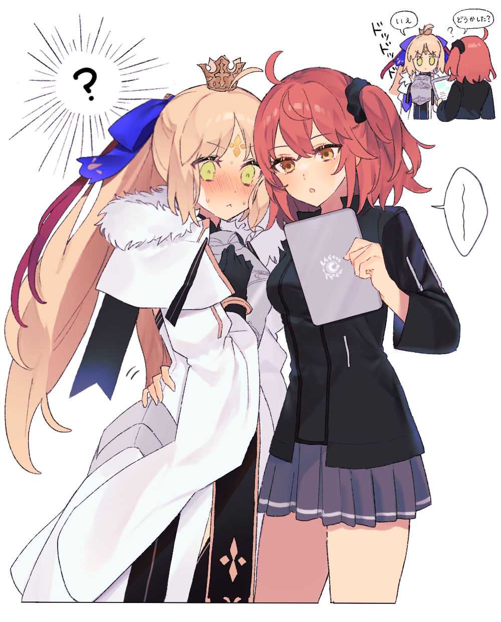 2girls ? ahoge armor armored_dress artoria_caster_(fate) artoria_caster_(third_ascension)_(fate) artoria_pendragon_(fate) bangs black_gloves black_ribbon blonde_hair blue_bow blue_ribbon blush bow bracelet breasts cape closed_mouth collar crown dress elbow_gloves fate/grand_order fate_(series) fujimaru_ritsuka_(female) fur fur_trim gloves green_eyes grey_skirt hair_bow hair_ornament hair_ribbon hair_scrunchie highres holding holding_tablet_pc hug jacket jewelry long_dress long_hair long_sleeves multiple_girls open_clothes open_jacket orange_eyes orange_hair ornament red_ribbon rhombus ribbon scrunchie shirt skirt small_breasts t-shirt tablet_pc twintails uxco0 very_long_hair white_background white_cape white_dress white_fur