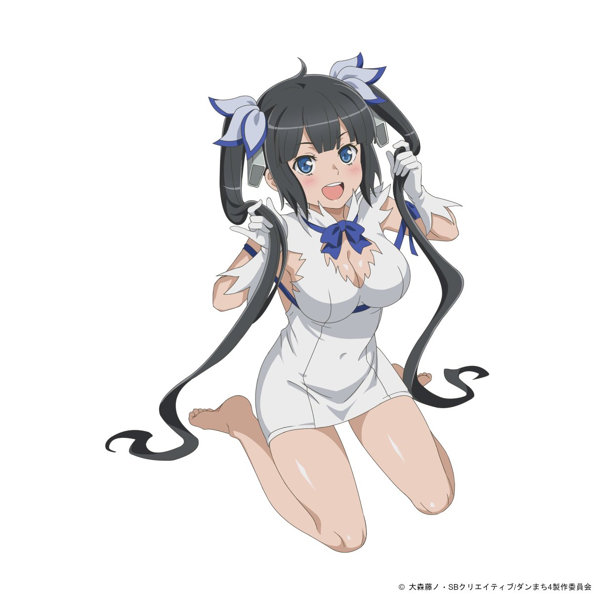1girl arm_ribbon artist_request barefoot black_hair blue_eyes blue_ribbon blush breasts cleavage_cutout clothing_cutout commentary_request dress dungeon_ni_deai_wo_motomeru_no_wa_machigatteiru_darou_ka full_body gloves hestia_(danmachi) highres holding holding_hair long_hair looking_at_viewer medium_breasts official_art open_mouth pencil_dress rei_no_himo ribbon simple_background sitting smile solo teeth twintails twintails_day upper_teeth_only wariza white_background white_dress white_gloves
