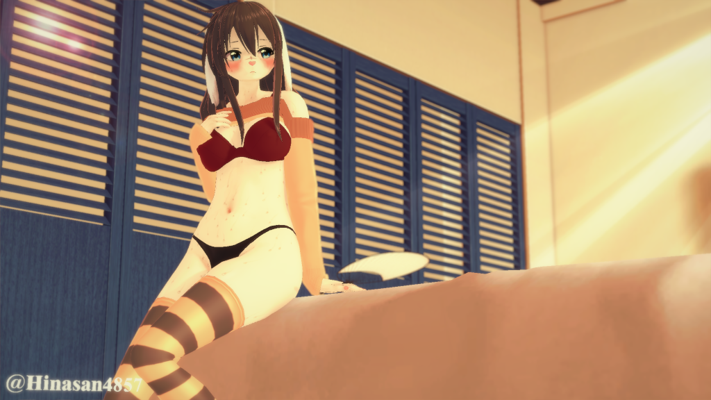 afternoon anthro arm_warmers armwear bed bedroom belly big_breasts black_clothing black_hair black_legwear black_panties black_underwear blue_eyes blush bra breasts closet clothing female fur furniture hair hibari_(hinasan4857) hinasan4857 holding_fan in_heat koikatsu lagomorph legs_together legwear lens_flare leporid light long_hair looking_sideways mammal navel on_bed orange_clothing orange_sweater orange_topwear panties pattern_clothing pattern_legwear rabbit rabbit_ears red_bra red_clothing red_nose red_underwear shoulderless_shirt signature sitting sitting_on_bed slim solo solo_focus striped_clothing striped_legwear stripes sunlight sweater sweater_lift thick_thighs thigh_highs topwear underwear white_bedding white_body white_ears white_fur yellow_clothing yellow_legwear