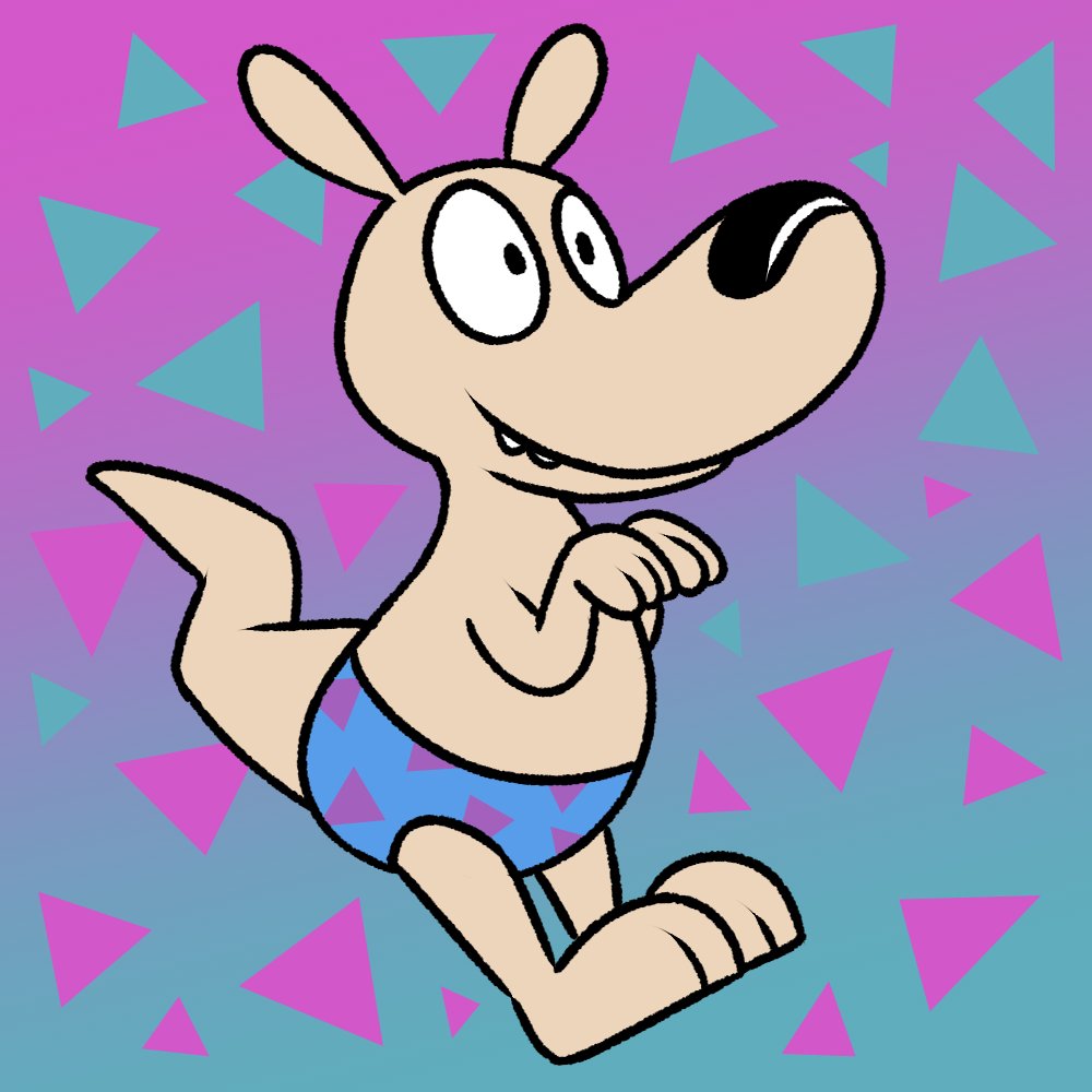 anthro barefoot black_nose blue_background blue_briefs blue_clothing blue_underwear briefs clothed clothing detailed_background feet fur macropod male mammal marsupial nickelodeon nishi_oxnard nishioxnard patterned_briefs rocko's_modern_life rocko_rama simple_background smile solo tan_body tan_fur teeth_showing topless underwear wallaby