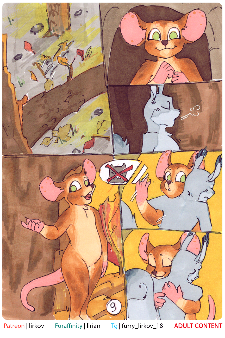 anthro brown_body brown_fur casual_nudity comic duo embrace female fur grey_body grey_fur hi_res hug lirkov male mammal marker_(artwork) mouse murid murine open_mouth plant rodent sciurid smile smiling_at_viewer traditional_media_(artwork) tree tree_squirrel