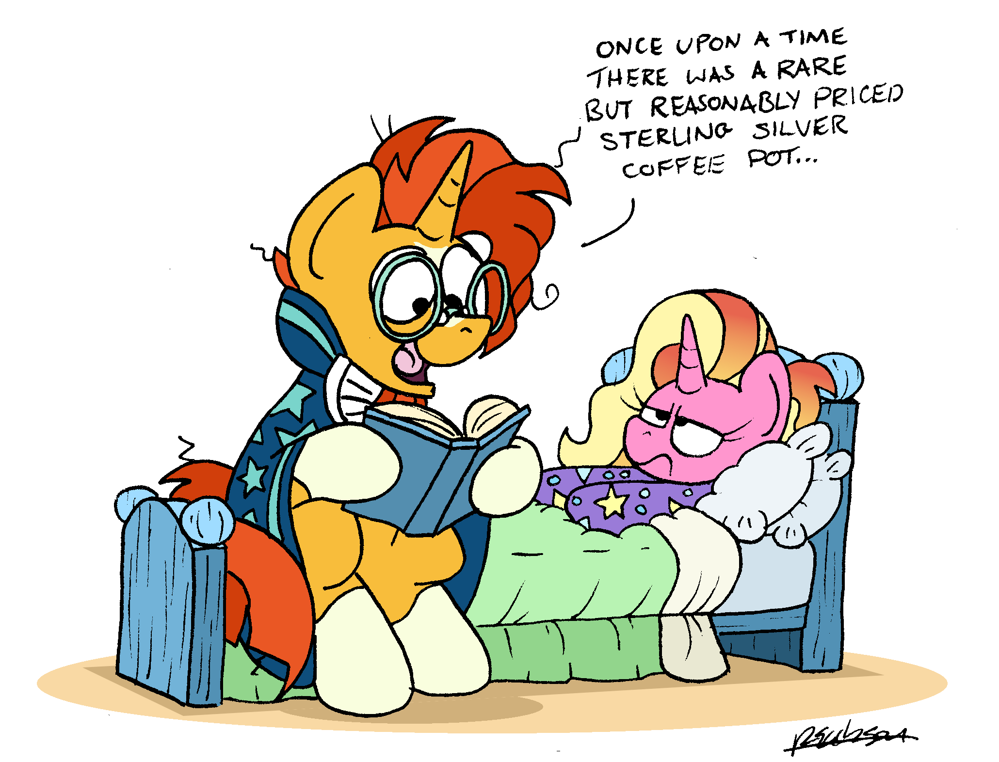 bed bobthedalek book cape clothing equid equine female friendship_is_magic furniture hair hasbro hi_res horn luster_dawn_(mlp) male mammal messy_hair my_little_pony orange_hair pajamas pillow sunburst_(mlp) under_covers unicorn