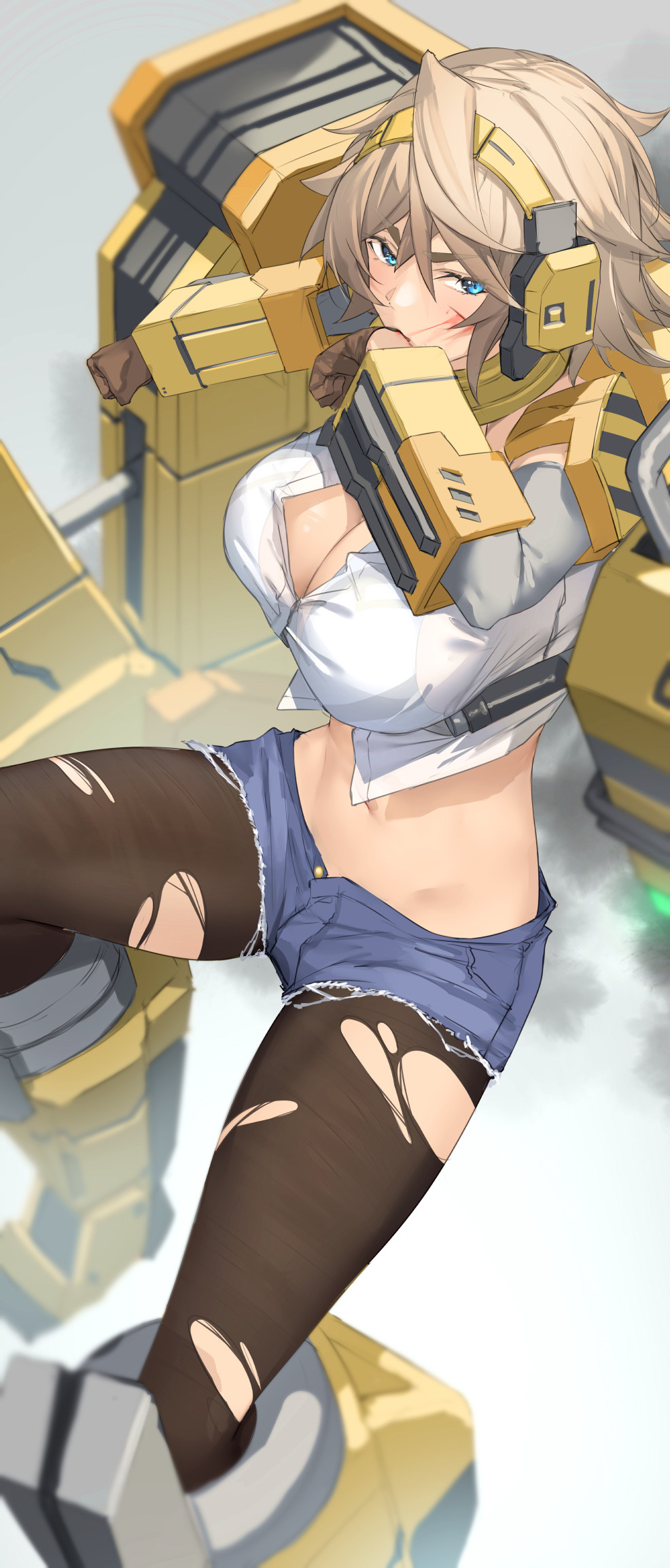 1girl black_pantyhose blood blood_on_face blue_eyes bra breasts brown_gloves ciel_dragbucket cleavage cosmic_break denim denim_shorts from_side gloves highres large_breasts light_brown_hair looking_at_viewer mecha_musume navel pallad pantyhose scar scar_on_face short_shorts shorts solo torn_clothes torn_pantyhose underwear white_bra wiping_face