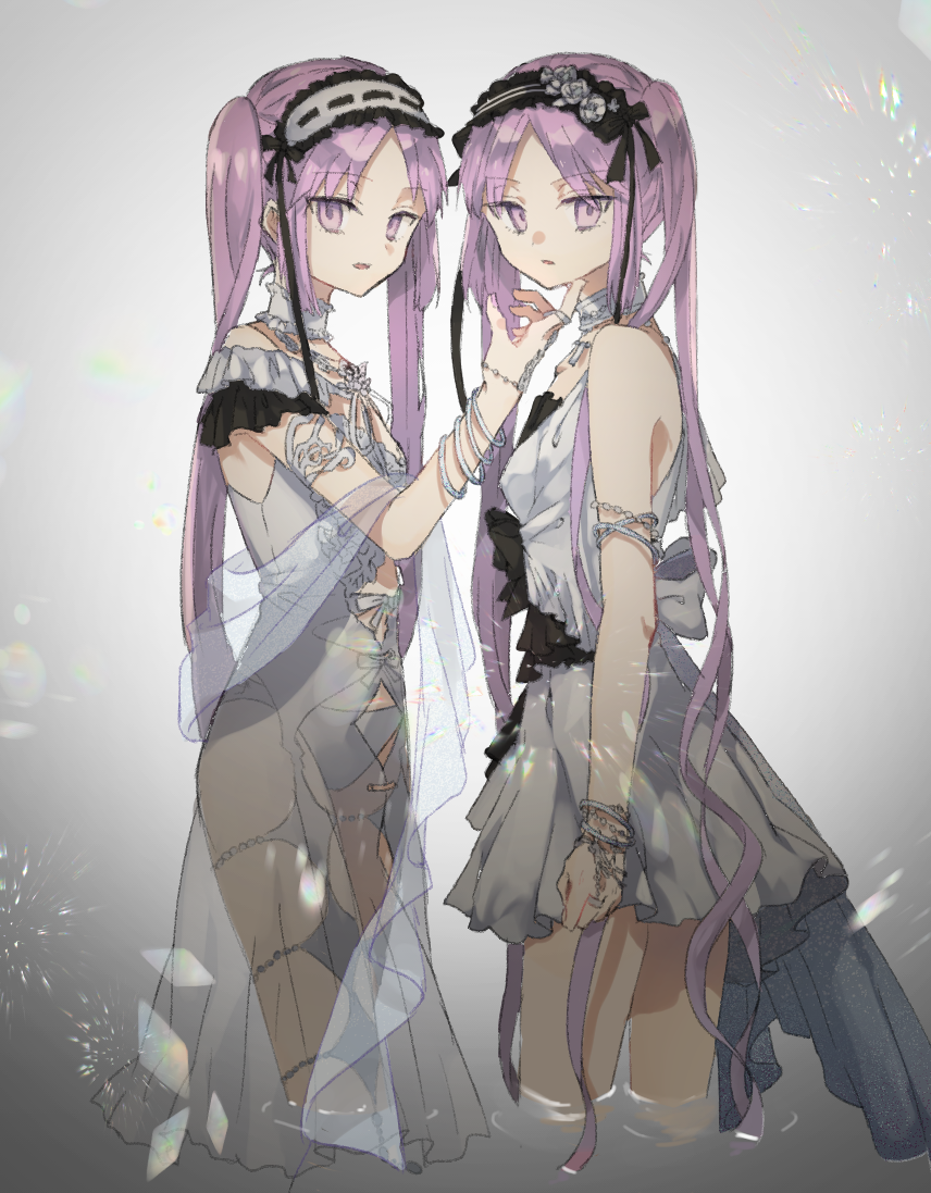 2girls bracelet chibirisu euryale_(fate) euryale_(third_ascension)_(fate) fate/hollow_ataraxia fate_(series) hand_on_another's_chin jewelry multiple_girls purple_eyes purple_hair siblings standing stheno_(fate) stheno_(third_ascension)_(fate) twins twintails wading