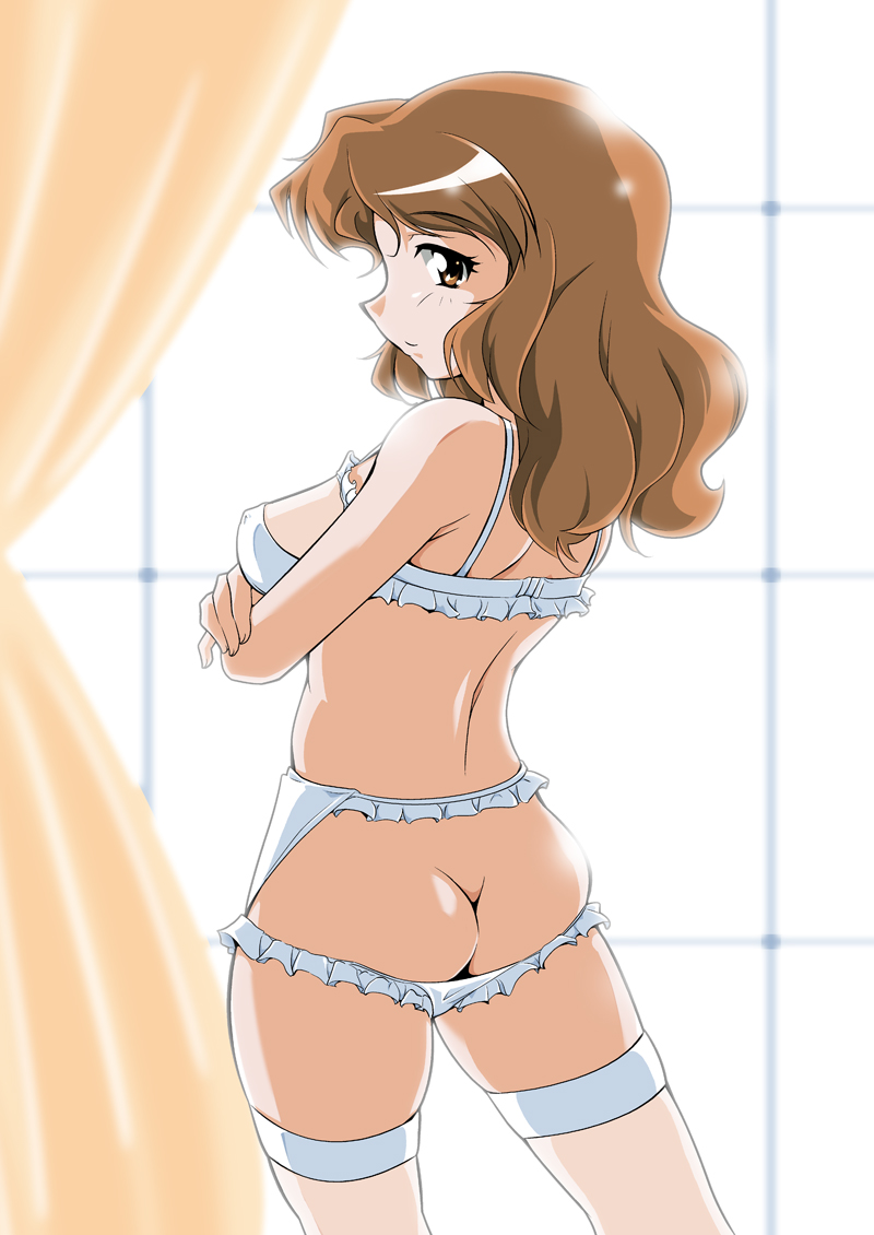 ass bra breasts brown_eyes brown_hair butt_crack hayasaka_akira lingerie looking_back medium_breasts ryumage solo super_real_mahjong thighhighs underwear