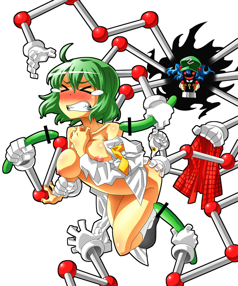 &gt;_&lt; ahoge angry areolae arm_grab ass ass_grab aura bdsm blue_hair blush body_blush breasts censored clenched_teeth closed_eyes clothes_down clothes_removed collarbone controller cucumber evil_grin evil_smile fake_censor glowing glowing_eyes green_hair grin hair_bobbles hair_ornament hat imminent_rape joystick kawashiro_nitori kazami_yuuka key large_breasts mary_janes mechanical_arms multiple_girls naked_shirt nipples nose_blush panties plaid plaid_vest pointless_censoring red_eyes shiny shiny_skin shirt shoes short_hair simple_background smile socks squemezzo suspension tears teeth touhou twintails two_side_up underwear undressing vest white_background you_gonna_get_raped