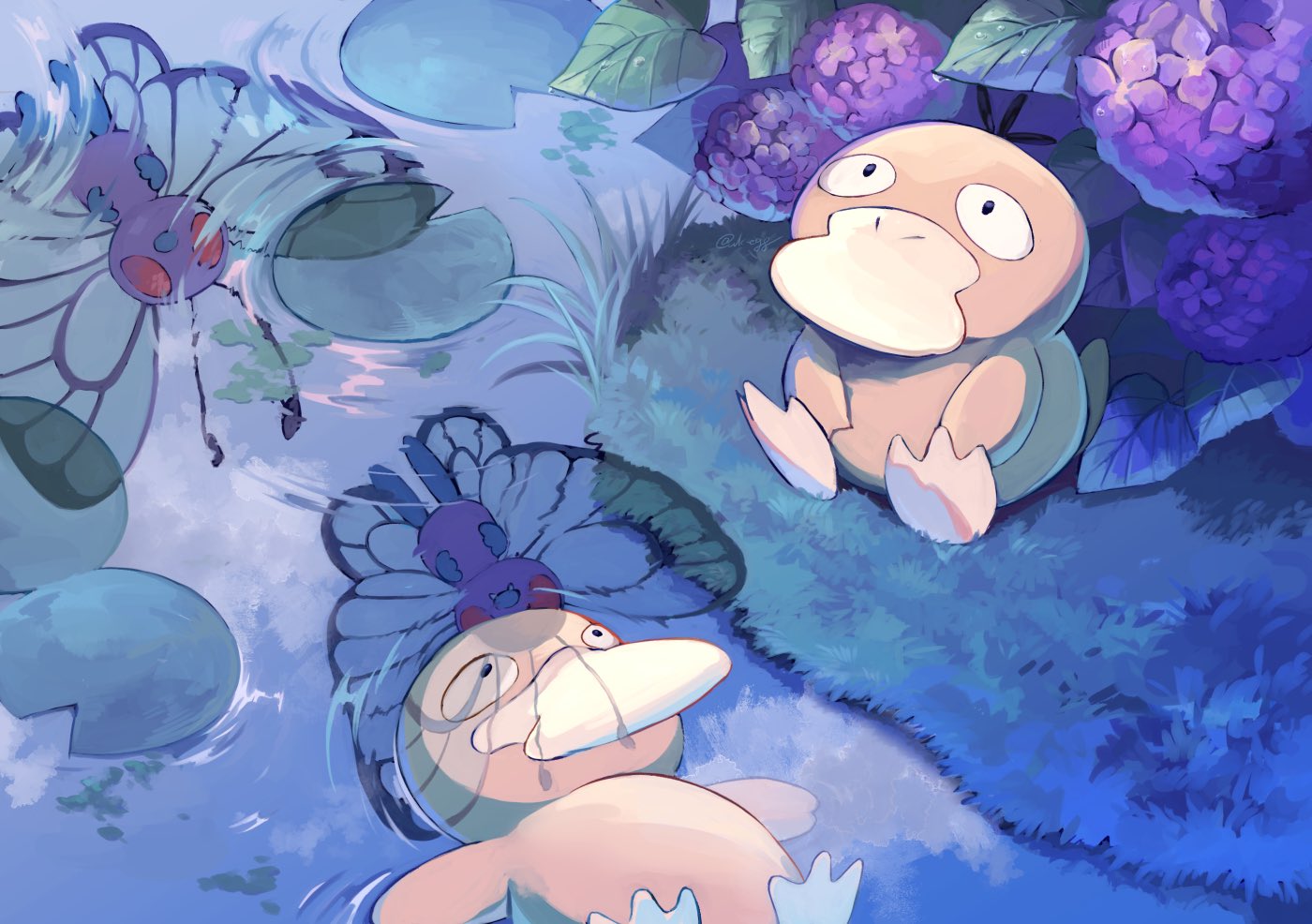 animal_focus bird black_eyes butterfree commentary_request duck eko_(wk_egg) grass lily_pad looking_up no_humans outdoors pokemon pokemon_(creature) psyduck reflection sitting water