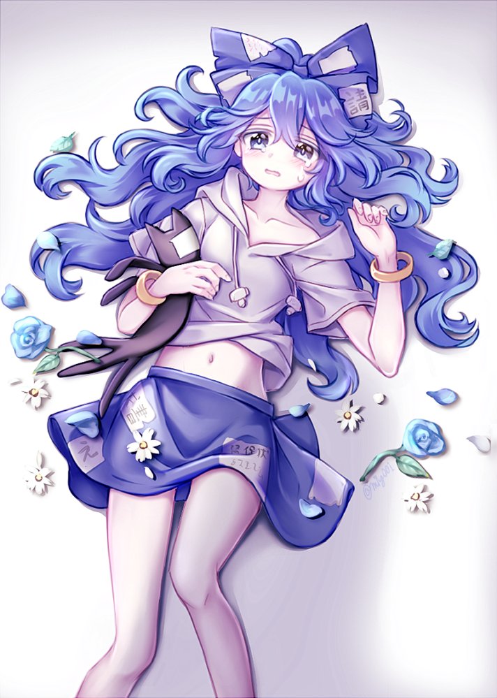 1girl bangle bangs blue_bow blue_eyes blue_flower blue_hair blue_skirt blush bow bracelet collarbone crying crying_with_eyes_open feet_out_of_frame flower grey_hoodie hair_between_eyes hair_bow hood hoodie jewelry long_hair miy_001 navel open_mouth short_sleeves skirt solo stuffed_animal stuffed_cat stuffed_toy tears touhou white_flower yorigami_shion