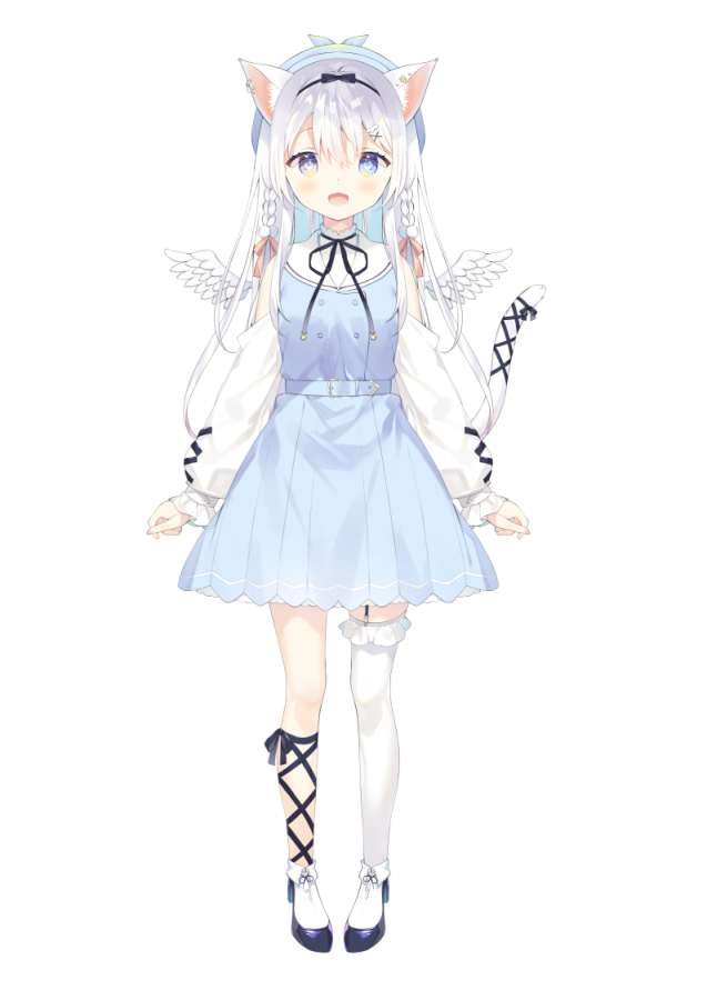 1girl :d animal_ear_fluff animal_ears asymmetrical_legwear bangs belt belt_buckle beret blue_belt blue_eyes blue_flower blue_headwear blue_shirt blue_skirt buckle cat_ears cat_girl cat_tail clothing_cutout commentary_request feathered_wings flower frilled_thighhighs frills full_body garter_straps grey_hair hair_between_eyes hat indie_virtual_youtuber long_hair long_sleeves looking_at_viewer mini_wings pleated_skirt puffy_long_sleeves puffy_sleeves sailor_collar shirt shoes shoulder_cutout simple_background skirt sleeves_past_wrists smile socks solo sorashi_purumu tail thighhighs very_long_hair virtual_youtuber white_background white_sailor_collar white_socks white_thighhighs white_wings wings yuizaki_kazuya