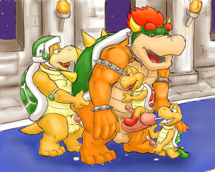 anal balls bodily_fluids bowser cum cum_in_ass cum_in_mouth cum_inside cum_taste cumshot cumshot_in_mouth ejaculation genital_fluids genitals group hammer_bro horn humanoid_genitalia humanoid_penis koopa male male/male mario_bros masturbation nintendo orgasm penetration penile penile_masturbation penis scalie sex shell spiked_shell spikes spikes_(anatomy) truce