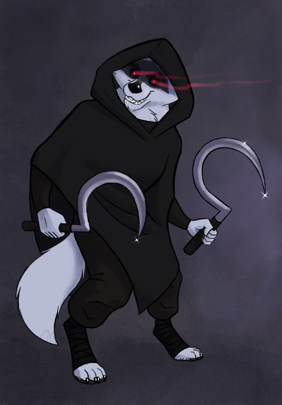 arctic_wolf black_clothing canid canine canis clothing corgi_(artist) death_(puss_in_boots) dreamworks evil_grin evil_smirk fur glowing glowing_eyes hi_res hood male mammal melee_weapon poncho puss_in_boots_the_last_wish red_eyes sickle smile solo tail tundra_wolf weapon white_body white_fur wolf