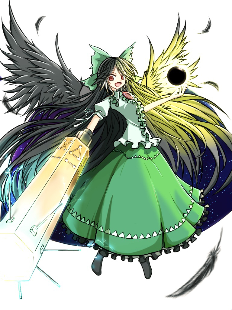 1girl arm_cannon bangs bird_wings black_hair black_sun black_wings bow cape center_frills collared_shirt commentary_request control_rod feathers flat_chest frilled_shirt_collar frilled_skirt frills full_body garakuta green_bow green_skirt grey_cape hair_bow long_hair looking_at_viewer open_mouth print_cape puffy_short_sleeves puffy_sleeves red_eyes reiuji_utsuho shirt short_sleeves simple_background skirt smile solo starry_sky_print sun third_eye touhou very_long_hair weapon white_background white_shirt wings