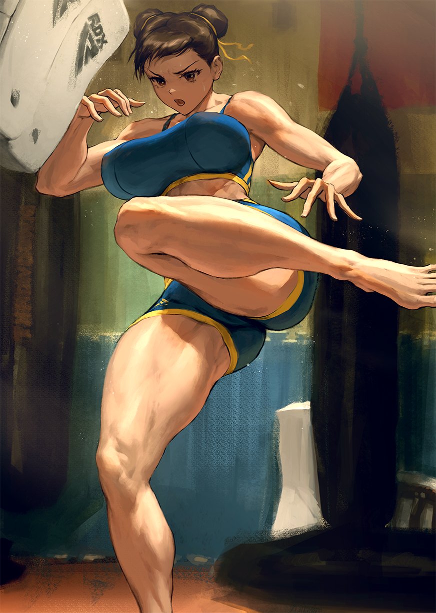 1girl barefoot blue_bra blue_shorts bra breasts brown_hair chun-li collarbone double_bun gym hair_bun hair_ribbon highres indoors infi kicking large_breasts muscular muscular_female punching_bag ribbon short_shorts shorts sleeveless solo sports_bra standing standing_on_one_leg street_fighter street_fighter_6 sweat thick_thighs thighs toes training underwear yellow_ribbon