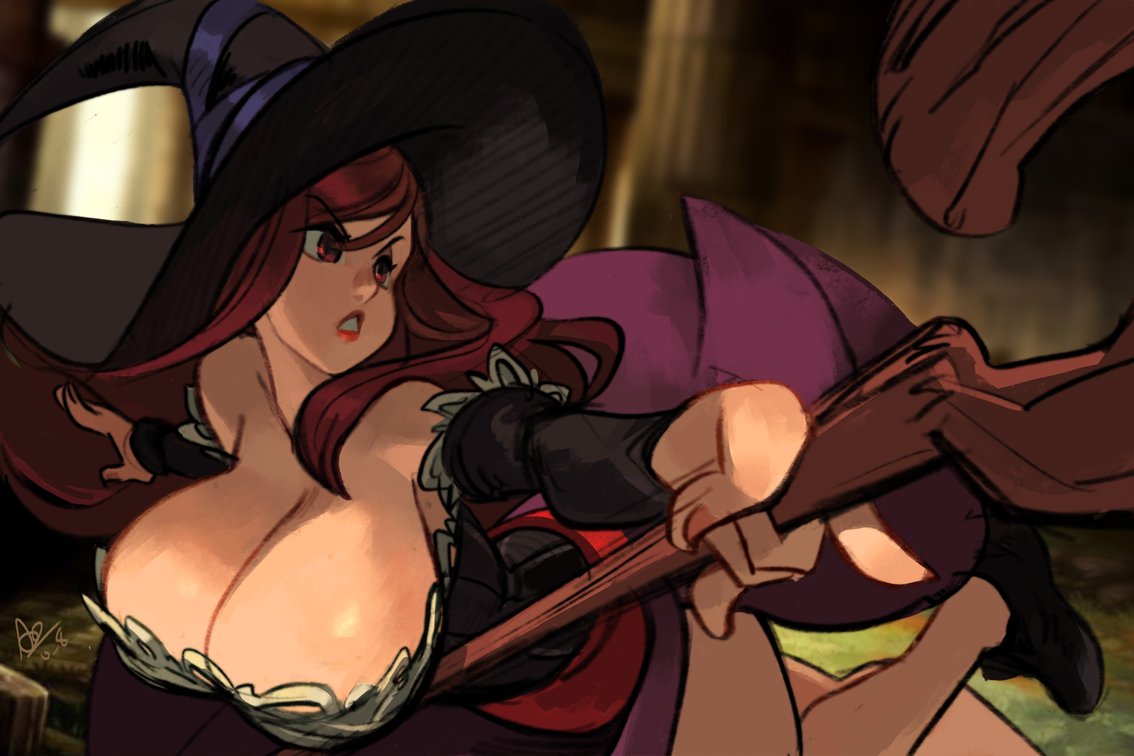 1girl alex_ahad bare_shoulders breasts cleavage detached_sleeves dragon's_crown dress hat huge_breasts lipstick long_hair makeup red_eyes red_hair signature solo sorceress_(dragon's_crown) staff witch_hat