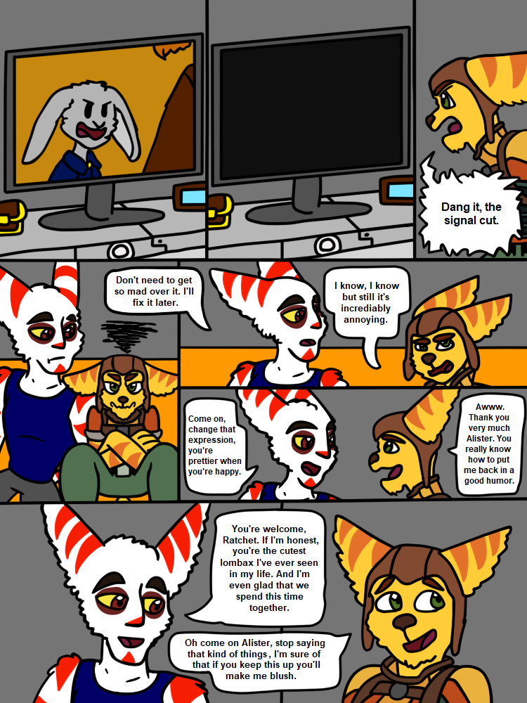 age_difference alister_azimuth ameth18 anthro clothed clothing comic duo english_text fur furniture green_eyes group male male/male ratchet ratchet_and_clank red_eyes romantic romantic_ambiance romantic_couple sofa sony_corporation sony_interactive_entertainment striped_body striped_fur stripes table tail tail_tuft television television_show text theanimatingfanatic tuft white_body white_fur yellow_body yellow_fur yellow_sclera