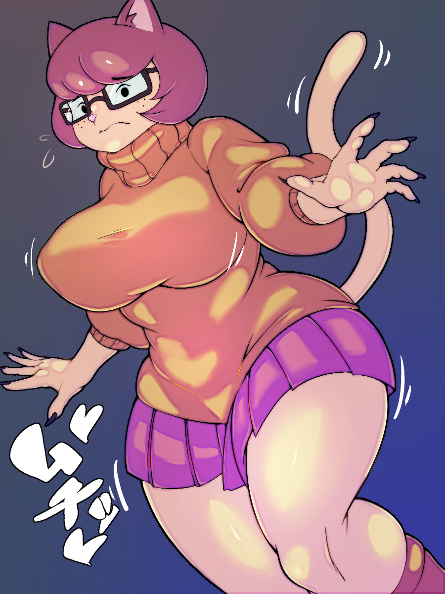 alternate_species anthro big_breasts bottomwear breasts brown_hair claws clothed clothing domestic_cat felid feline felis female freckles furrification hair hanna-barbera hi_res mammal pepper_gomashio rectangular_glasses scooby-doo_(series) skirt solo sweater thick_thighs topwear turtleneck velma_dinkley wide_hips