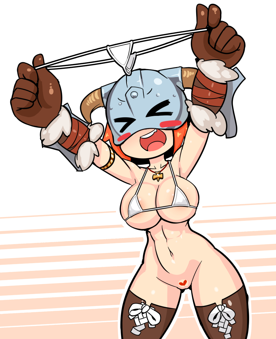 &gt;o&lt; 1girl :d abs amulet armguards armpits arms_up bikini bikini_top_only blush_stickers boots breasts brown_footwear brown_gloves closed_eyes dovahkiin dovakini-chan fake_horns female_pubic_hair gloves helmet holding holding_clothes holding_swimsuit horned_helmet horns jewelry large_breasts long_hair muscular muscular_female navel necklace nisetanaka open_mouth orange_hair ponytail pubic_hair pussy smile solo stomach string_bikini swimsuit the_elder_scrolls the_elder_scrolls_v:_skyrim thigh_boots white_bikini
