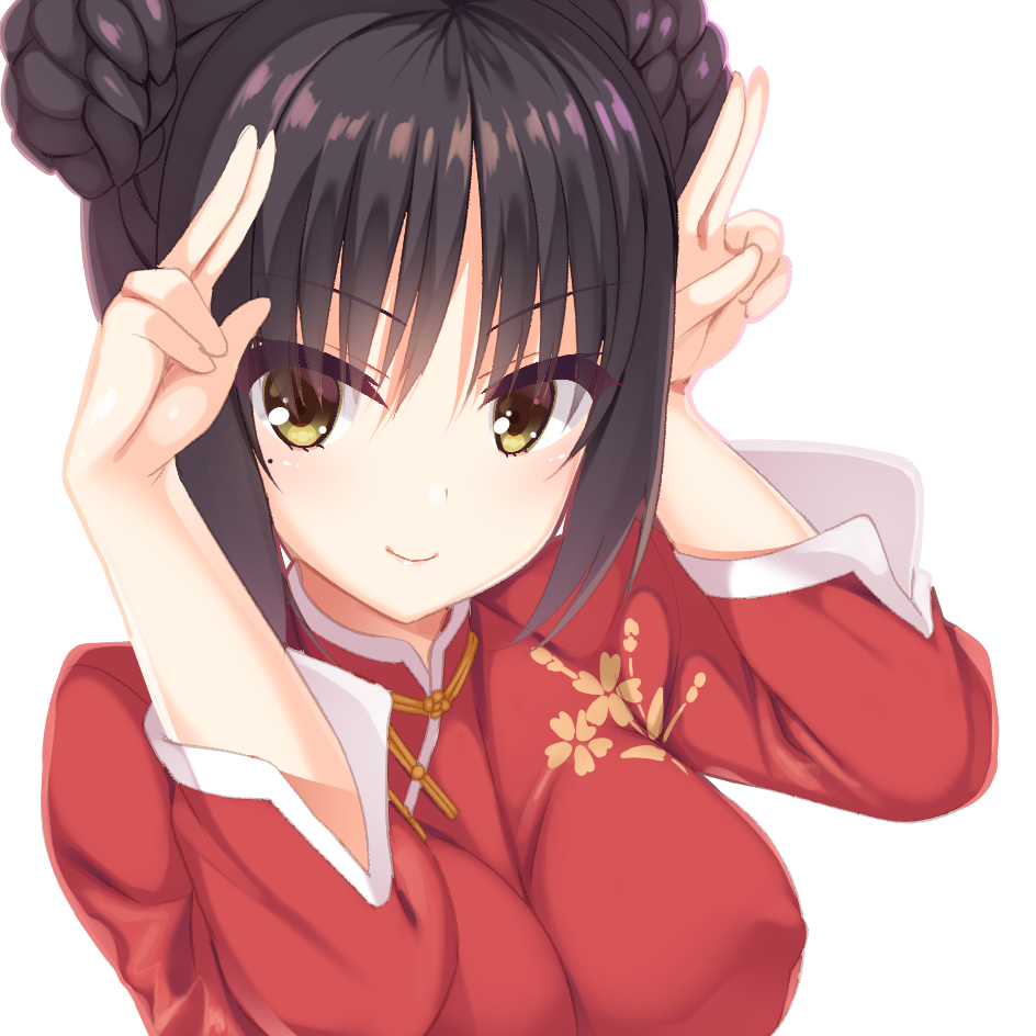 &gt;:) 1girl aria. bangs black_hair blush breasts bunny_pose cafe_stella_to_shinigami_no_chou china_dress chinese_clothes closed_mouth commentary_request covered_nipples double_bun dress eyelashes eyes_visible_through_hair floral_print hair_bun large_breasts long_sleeves looking_at_viewer mole mole_under_eye red_dress shiki_natsume sidelocks simple_background smile smug solo v-shaped_eyebrows white_background yellow_eyes yuzu-soft