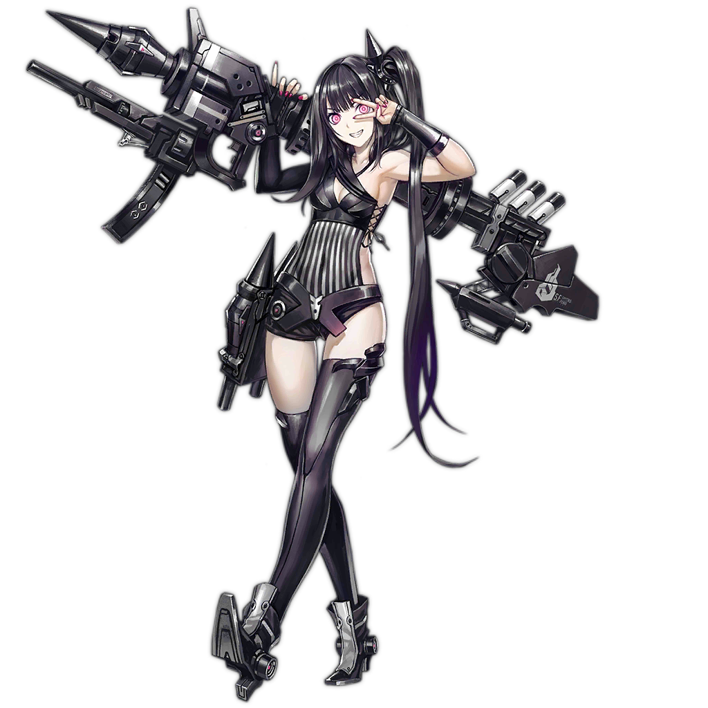 &gt;:) 1girl ammunition architect_(girls'_frontline) armpits asymmetrical_clothes asymmetrical_legwear asymmetrical_sleeves belt black_footwear black_hair black_sleeves black_thighhighs breasts clenched_teeth collarbone covered_navel cross-laced_slit evil_smile full_body girls'_frontline grin hair_ornament high_heels infukun long_hair looking_at_viewer medium_breasts nail_polish navel official_art one_side_up ornament pale_skin photoshop_(medium) pink_eyes rocket_launcher sangvis_ferri shirt short_shorts shorts silver_footwear simple_background smile solo standing striped striped_shirt teeth thighhighs transparent_background uneven_legwear v v-shaped_eyebrows v_over_eye very_long_hair weapon