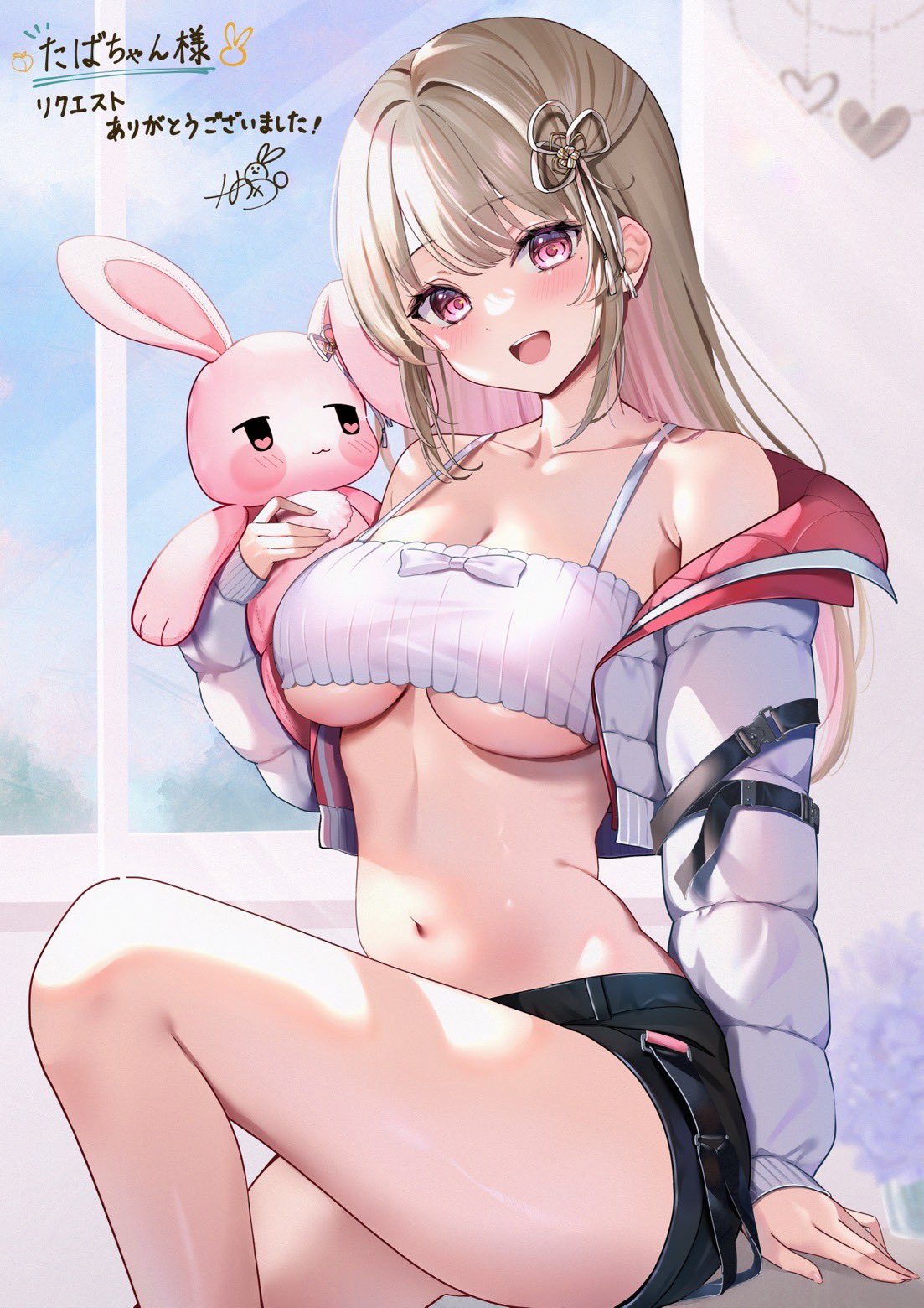 1girl :d ayaginu_temari bare_shoulders black_shorts breasts brown_hair collarbone colored_inner_hair commission crop_top cropped_jacket doll_hug flower_knot hair_ornament highres isekai_tensei_shite_v_ni_narimashita jacket knee_up long_hair long_sleeves looking_at_viewer medium_breasts midriff mizukanayuki mole mole_under_eye multicolored_hair navel object_hug off_shoulder open_clothes open_jacket open_mouth pink_hair puffy_sleeves red_eyes ribbed_shirt second-party_source shirt short_shorts shorts sidelocks sitting skeb_commission sleeveless sleeveless_shirt smile solo spaghetti_strap stomach strap_slip stuffed_animal stuffed_bunny stuffed_toy thighs two-tone_hair underboob virtual_youtuber white_jacket white_shirt