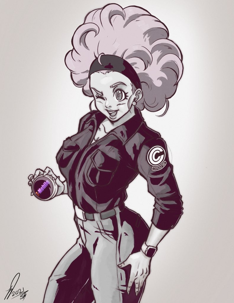 1girl 2021 afro belt brand_name_imitation breasts bulma commentary cowboy_shot derivative_work dragon_ball dragon_ball_z dragon_radar earrings english_commentary greyscale hairband hand_on_hip high-waist_pants jewelry kooj_artz large_breasts monochrome one_eye_closed open_mouth parody samsung samsung_sam sepia signature smartwatch smile solo spot_color t-mobile watch wristwatch