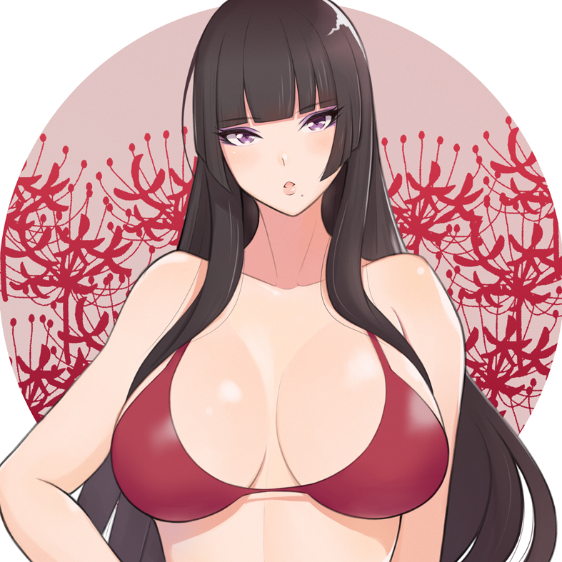 1girl bangs bare_shoulders bikini black_hair blunt_bangs breasts cleavage collarbone dead_or_alive dead_or_alive_xtreme eyeshadow flower konishiki_(52siki) large_breasts long_hair looking_at_viewer makeup mole mole_under_mouth nyotengu open_clothes purple_eyeshadow red_bikini sidelocks solo spider_lily swimsuit upper_body very_long_hair