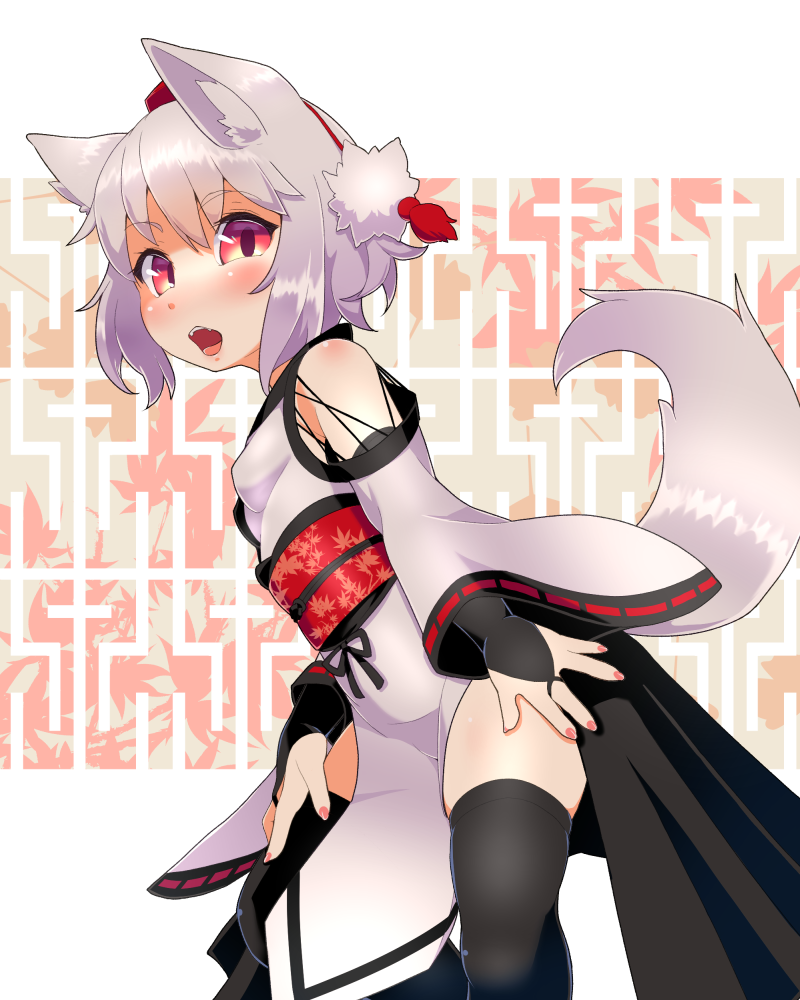 1girl animal_ear_fluff animal_ears bangs black_bridal_gauntlets black_thighhighs blush breasts bridal_gauntlets commentary_request cross-laced_clothes cross-laced_sleeves feet_out_of_frame fingernails hair_between_eyes hand_on_own_leg hat inubashiri_momiji japanese_clothes kimono kourindou_tengu_costume leaf leaf_print looking_at_viewer maple_leaf maple_leaf_print obi open_mouth penis pink_nails print_sash red_eyes red_headwear red_sash ribbon-trimmed_sleeves ribbon_trim sash short_hair small_breasts solo tail teeth thighhighs tokin_hat tongue torque touhou upper_teeth_only white_background white_hair white_kimono wolf_ears wolf_girl wolf_tail