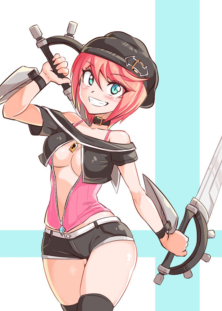 1girl bangs black_choker black_headwear black_shirt black_shorts blue_eyes bracer breasts camisole choker cougar_(cougar1404) cowboy_shot dual_wielding grin hat holding holding_sword holding_weapon kisa_(cougar1404) looking_at_viewer medium_breasts micro_shorts off-shoulder_shirt off_shoulder open_mouth original pink_hair pink_shirt reverse_grip shirt short_hair short_sleeves short_sword shorts smile solo standing sword unzipped weapon zipper