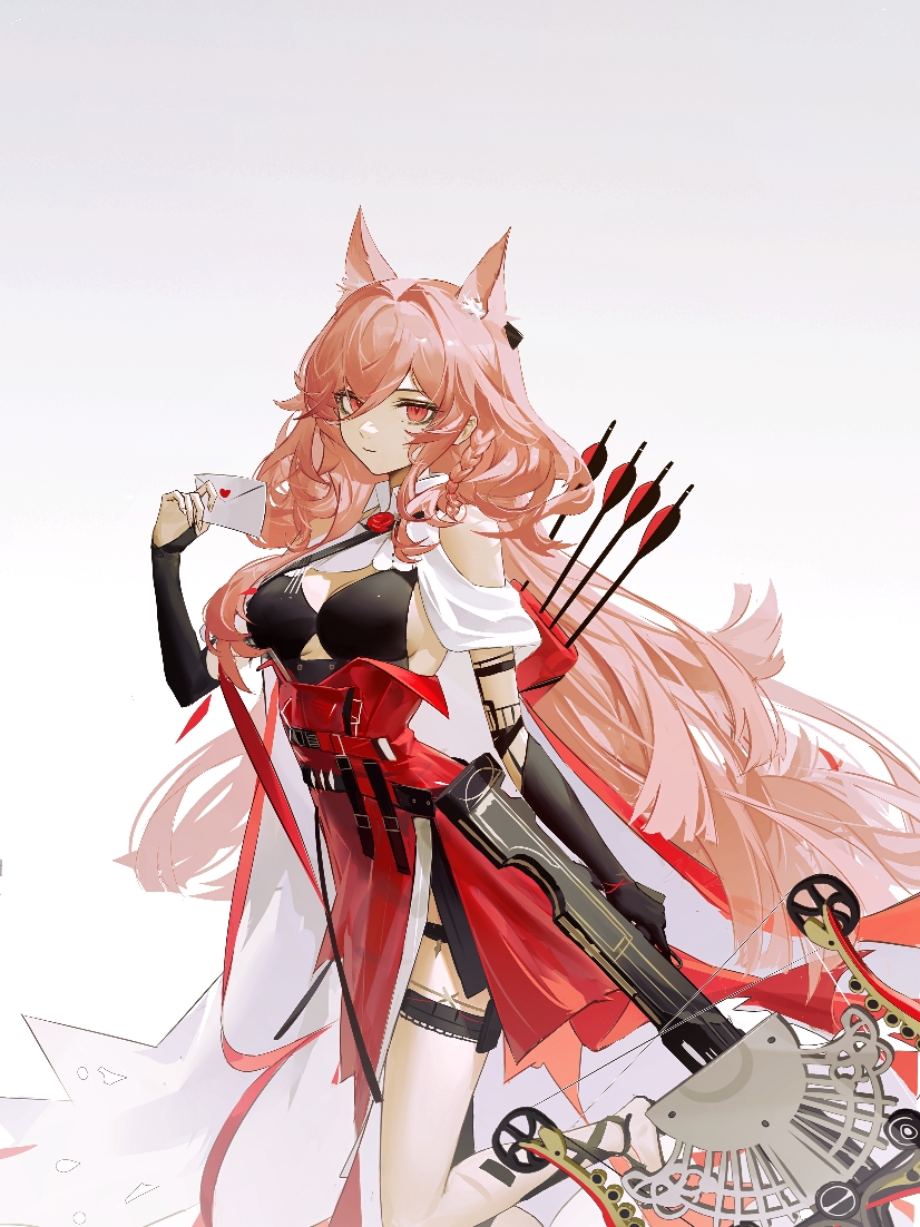 1girl animal_ear_fluff animal_ears arknights arrow_(projectile) asymmetrical_gloves bangs bare_shoulders bikini bikini_top_only black_bikini black_gloves breasts cleavage closed_mouth crossbow elbow_gloves fingerless_gloves gloves hair_intakes high-waist_skirt holding holding_crossbow holding_weapon large_breasts leg_up long_hair looking_at_viewer love_letter mismatched_gloves ombre_t pink_hair pozyomka_(arknights) quiver red_eyes red_skirt simple_background skirt smile solo standing standing_on_one_leg swimsuit very_long_hair weapon white_background wolf_ears