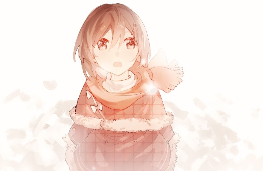 1girl aged_down arms_at_sides bangs bow brown_dress brown_eyes brown_hair brown_scarf buttons child chinese_commentary commentary dress female_child fringe_trim fur-trimmed_dress fur_trim gradient_scarf hair_between_eyes hair_ornament kagerou_project limited_palette long_sleeves looking_up mekakucity_actors mixed-language_commentary negative_space open_mouth print_dress scarf short_hair solo tateyama_ayano tohikou_(user_yolenka) turtleneck unmoving_pattern upper_body upturned_eyes white_background white_bow x_hair_ornament