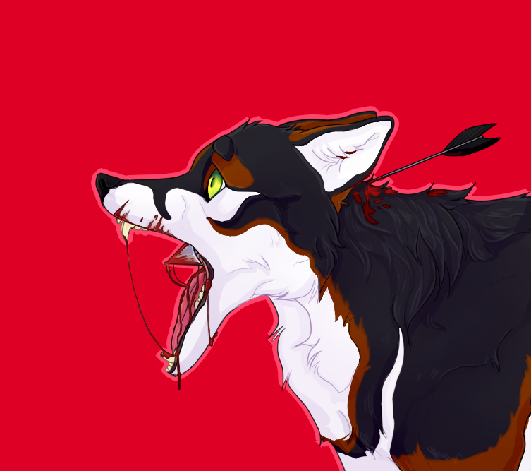 ambiguous_gender arrow_(weapon) black_body black_fur blood blood_string bodily_fluids brown_body brown_fur canid cheek_tuft facial_tuft fangs feral fur gore green_eyes inner_ear_fluff mammal neck_tuft open_mouth ranged_weapon red_background red_tongue roobin side_view simple_background solo teeth tongue tuft weapon white_body white_fur white_inner_ear_fluff wounded