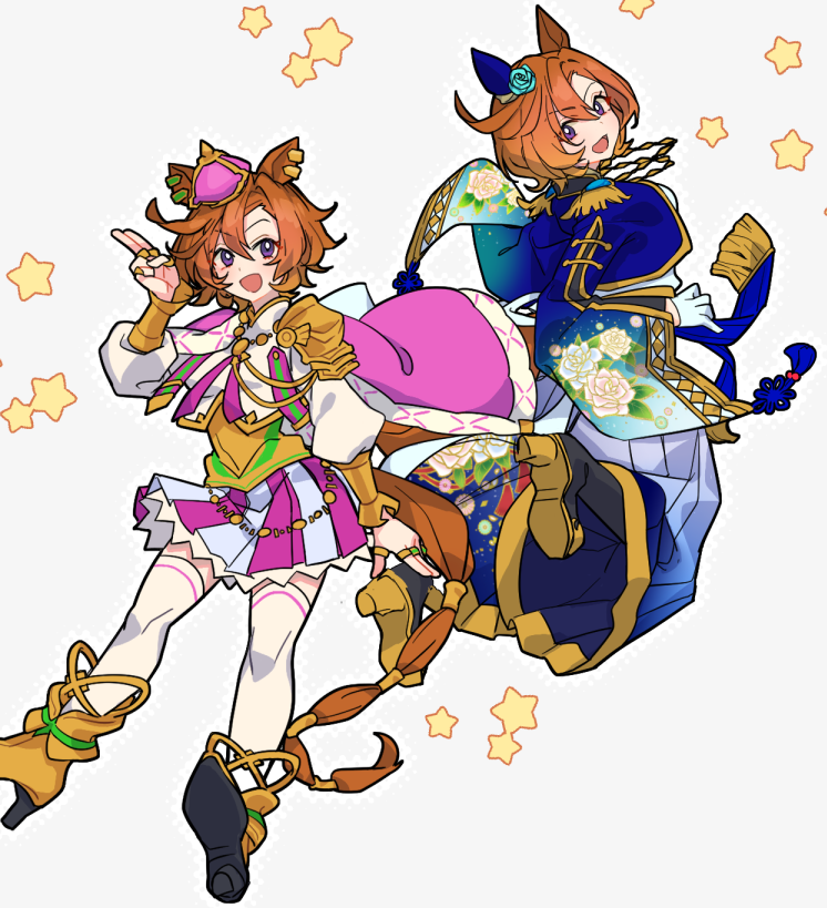 1girl animal_ears armor blue_jacket boots cape corset cropped_jacket crown dual_persona gloves hakama high_heel_boots high_heels horse_ears horse_girl horse_tail jacket japanese_clothes looking_at_viewer looking_back mini_crown momose_sumomo open_mouth orange_hair purple_eyes salute shirt short_hair shoulder_armor smile star_(symbol) t.m._opera_o_(blue_dazzle)_(umamusume) t.m._opera_o_(umamusume) tail thighhighs two-finger_salute two-tone_skirt umamusume white_gloves white_shirt white_thighhighs yellow_footwear