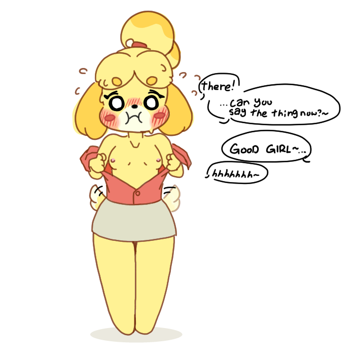 animal_crossing anthro blush blush_lines bodily_fluids breasts clothing embarrassed english_text female isabelle_(animal_crossing) nintendo pyrpul small_breasts solo sweat tail tail_motion tailwag text undressing