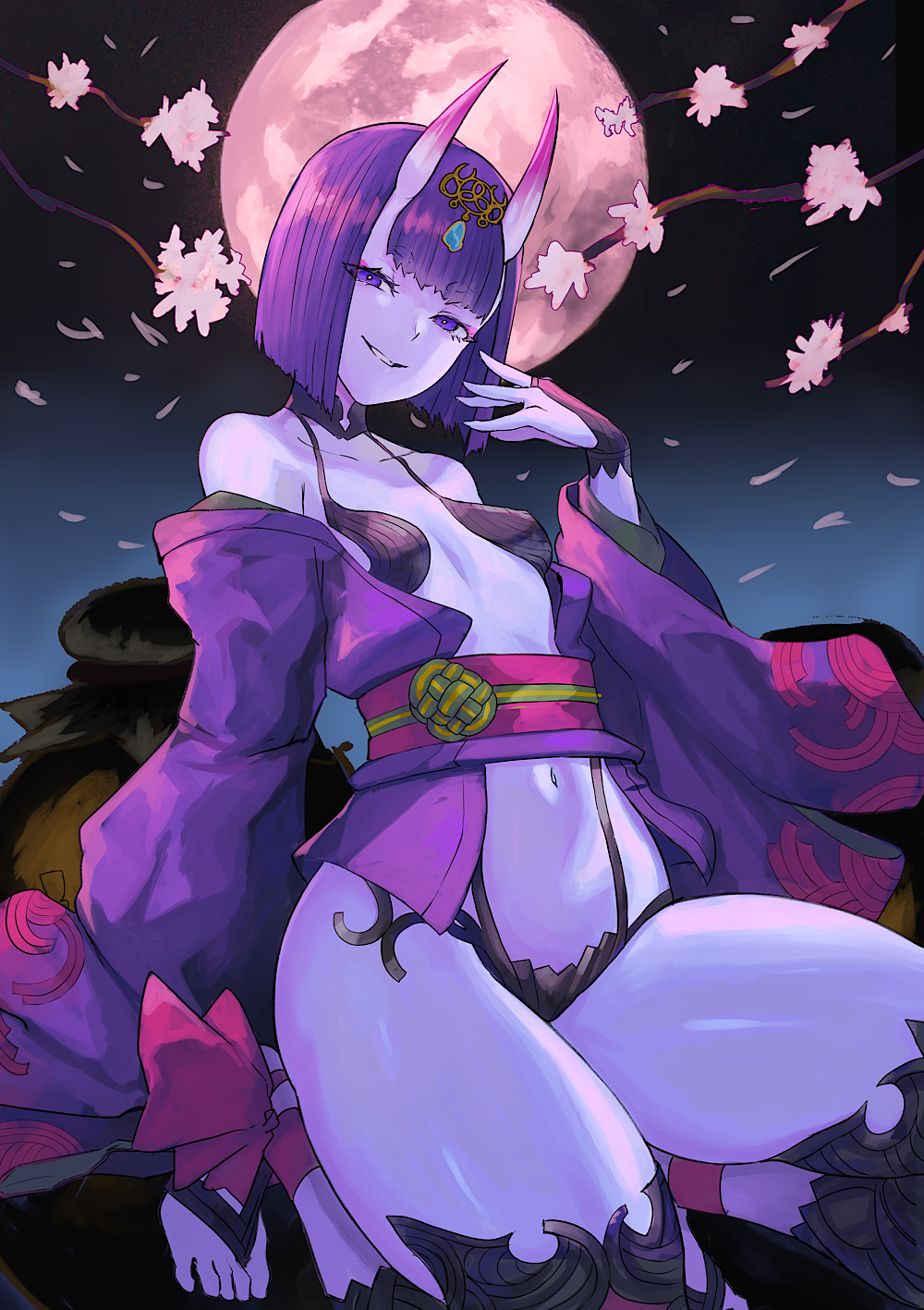 1girl ankle_ribbon arqa bangs bare_shoulders barefoot_sandals bob_cut breasts bridal_gauntlets cherry_blossoms detached_leggings eyeliner fate/grand_order fate_(series) full_body full_moon halterneck head_tilt headpiece highres horns japanese_clothes kimono kneeling leg_ribbon long_sleeves looking_at_viewer makeup moon navel night obi off_shoulder oni oni_horns open_clothes open_kimono open_mouth purple_eyes purple_hair purple_kimono revealing_clothes ribbon sash short_eyebrows short_hair shuten_douji_(fate) skin-covered_horns small_breasts smile solo thick_thighs thighs wide_sleeves