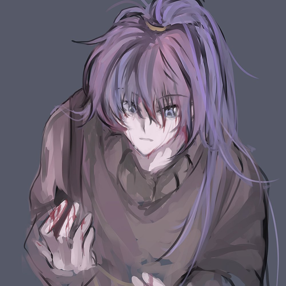 1boy arcturus bangs blood blood_in_hair blood_on_face blood_on_hands blue_eyes brown_shirt commentary_request crying crying_with_eyes_open grey_background hair_between_eyes high_ponytail ibul_sog_deoghu korean_commentary long_hair long_sleeves male_focus parted_lips purple_eyes shirt simple_background sizz_flair solo tears upper_body