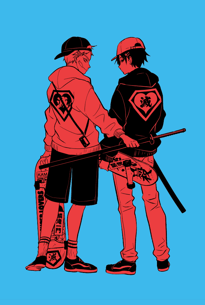 2boys arms_at_sides backwards_hat bangs baseball_cap blue_background casual clothes_writing contemporary from_behind full_body hair_ornament hairclip hat heart heart_print holding holding_skateboard holding_sword holding_weapon hood hood_down hoodie katana kimetsu_no_yaiba kozenini long_sleeves looking_at_viewer male_focus multiple_boys outstretched_arm pants profile red_theme sabito_(kimetsu) scar scar_on_cheek scar_on_face shoes short_hair shorts sideways_glance simple_background skateboard socks standing sword talisman tomioka_giyuu weapon