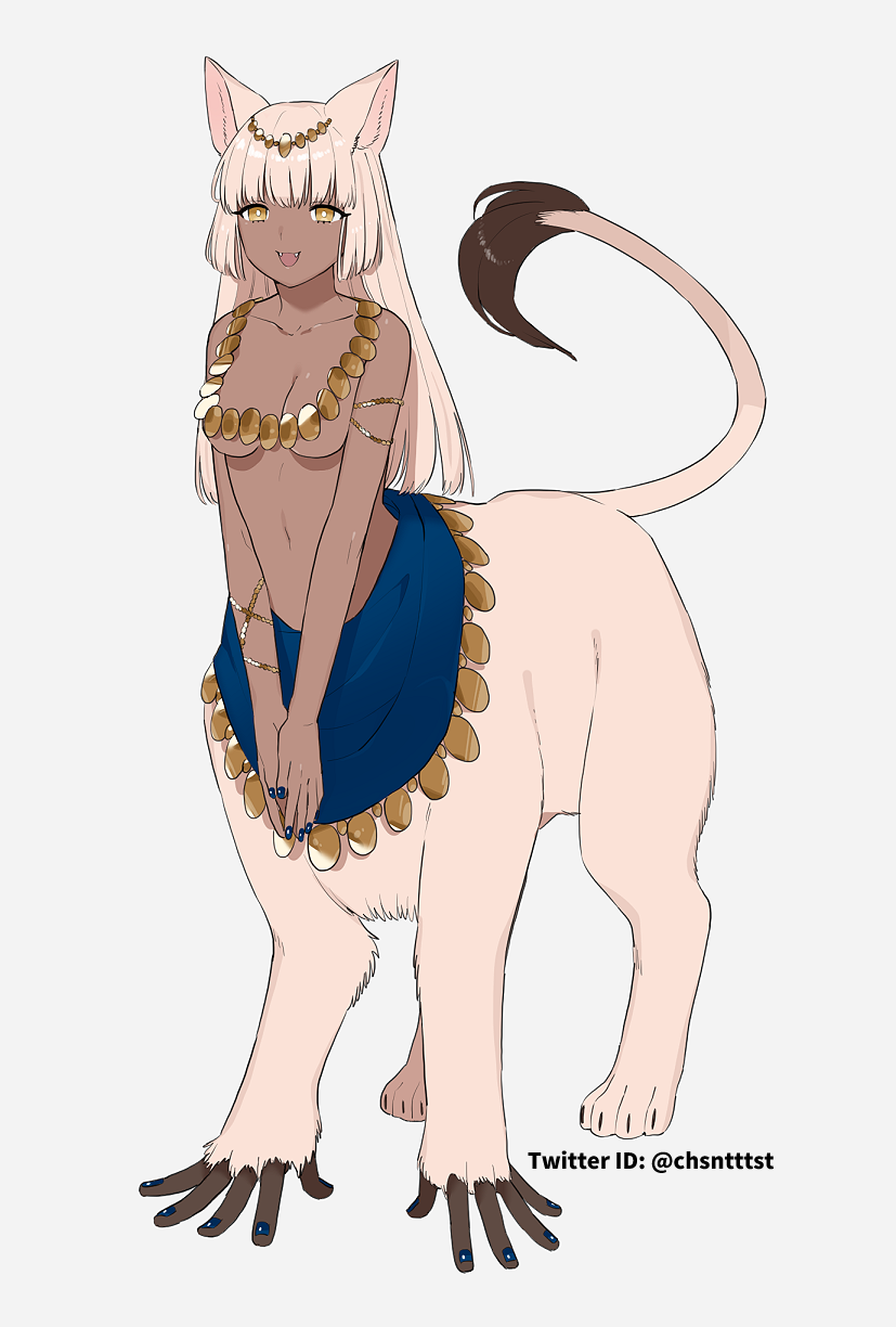 1girl animal_ears artist_name bangs blue_nails blunt_bangs breasts bright_pupils brown_fur brown_hair cat_ears centauroid fangs full_body fur-tipped_tail grey_background head_chain highres jewelry kizuta_(barometz) lion_tail long_hair looking_at_viewer medium_breasts monster_girl necklace open_mouth original simple_background smile solo sphinx standing tail taur twitter_username white_pupils yellow_eyes