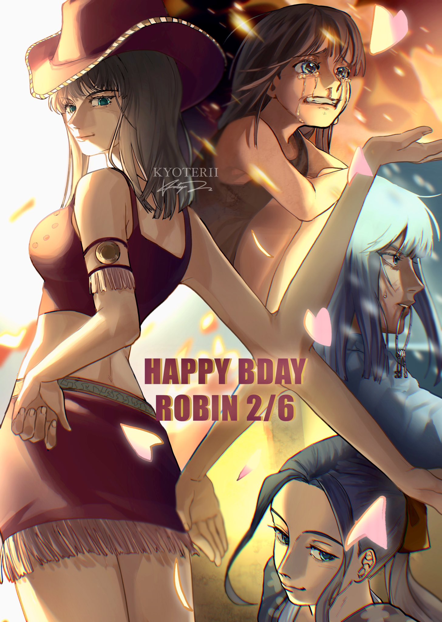 age_comparison alternate_hairstyle artist_name bangs black_hair blue_eyes blunt_bangs child cowboy_shot crop_top crying crying_with_eyes_open falling_petals fire hands_on_hips happy_birthday hat highres key keyring kyoterii light_smile multiple_hands multiple_views nico_robin official_alternate_costume one_piece panels parted_bangs petals ponytail skirt sleeveless smile snow tears