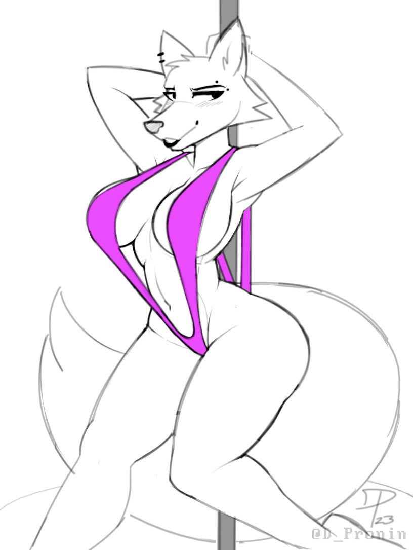 anthro big_breasts bikini black_lips breasts canid canine clothing dancing dpronin ear_piercing eyebrow_piercing facial_piercing female fox lips looking_aside mammal navel piercing pole pole_dancing restricted_palette sling_bikini smile solo stripper_pole swimwear