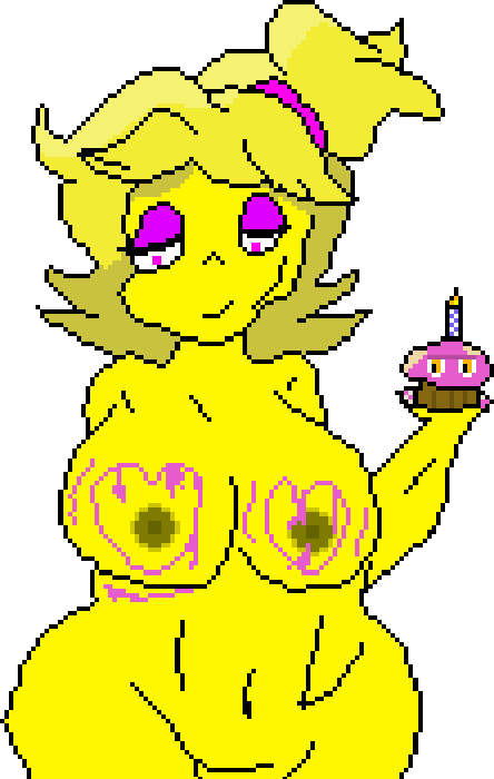 annoyed anthro avian bedroom_eyes big_breasts bird breasts chica_(cally3d) chica_(fnaf) chicken cupcake cupcake_(fnaf) female five_nights_at_freddy's food frosting frosting_on_breasts galliform gallus_(genus) messy narrowed_eyes phasianid scottgames seductive solo